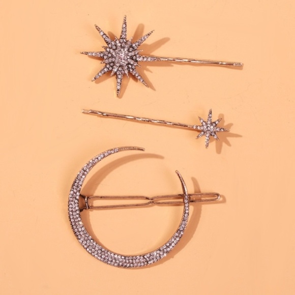 NWT New! 3 Bronze White Rhinestones Star Moon Hair Clips - Picture 6 of 8
